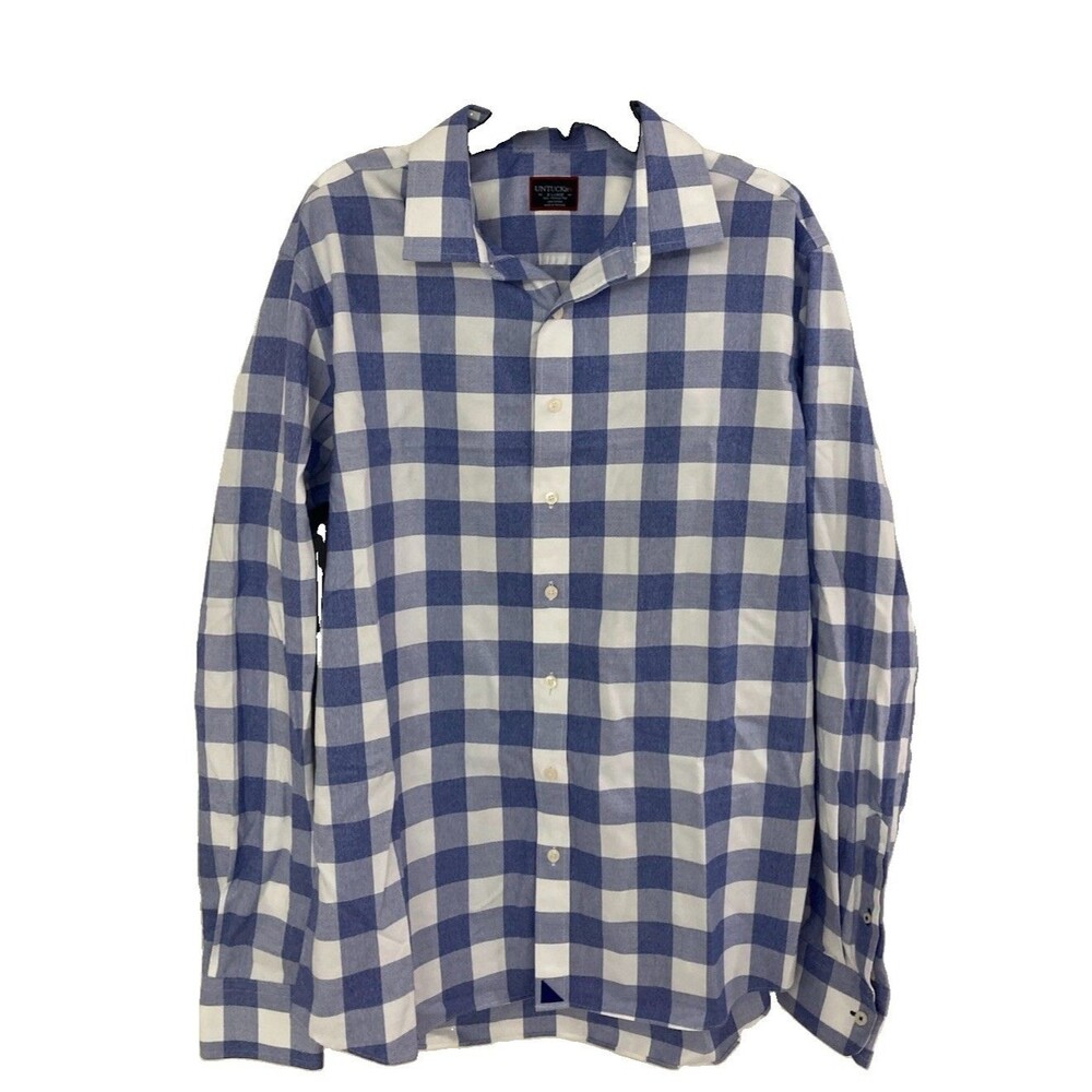 Men's UNTUCKit Wrinkle Free Shirt Long Sleeve Gingham Plaid Blue White Size XLT